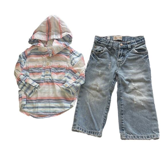 Lot Of 2 Carters Button Up Hoodie Shirt Place Denim Pants Baby Boy 18M, 18M-24 - Picture 1 of 9